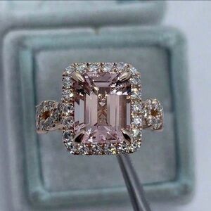 Rose Gold Halo Pink Emerald-Cut Ring